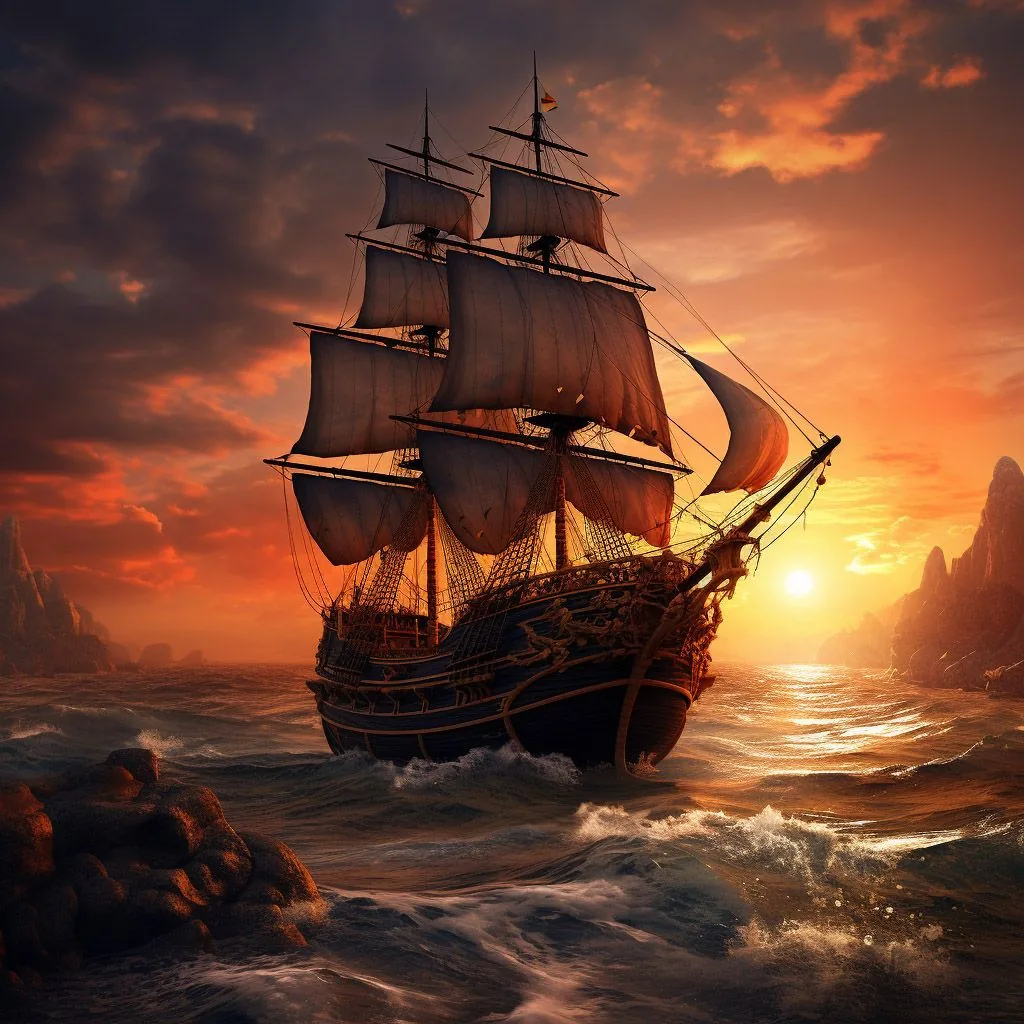Calico Jack’s galleon on a rolling sea at sunset