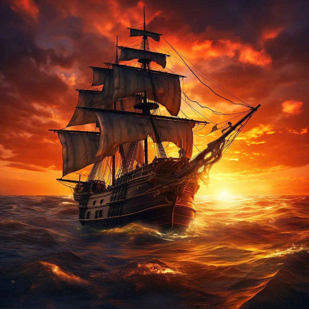 A pirate galleon under full sail at sunset