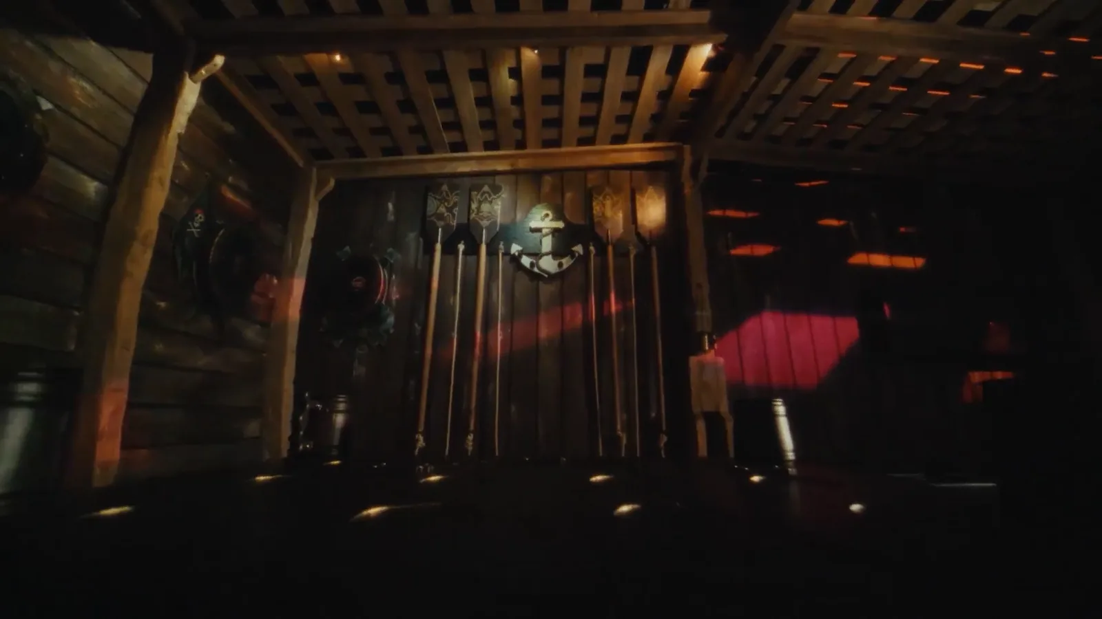 Lantern light in the hold of the Pirates galleon