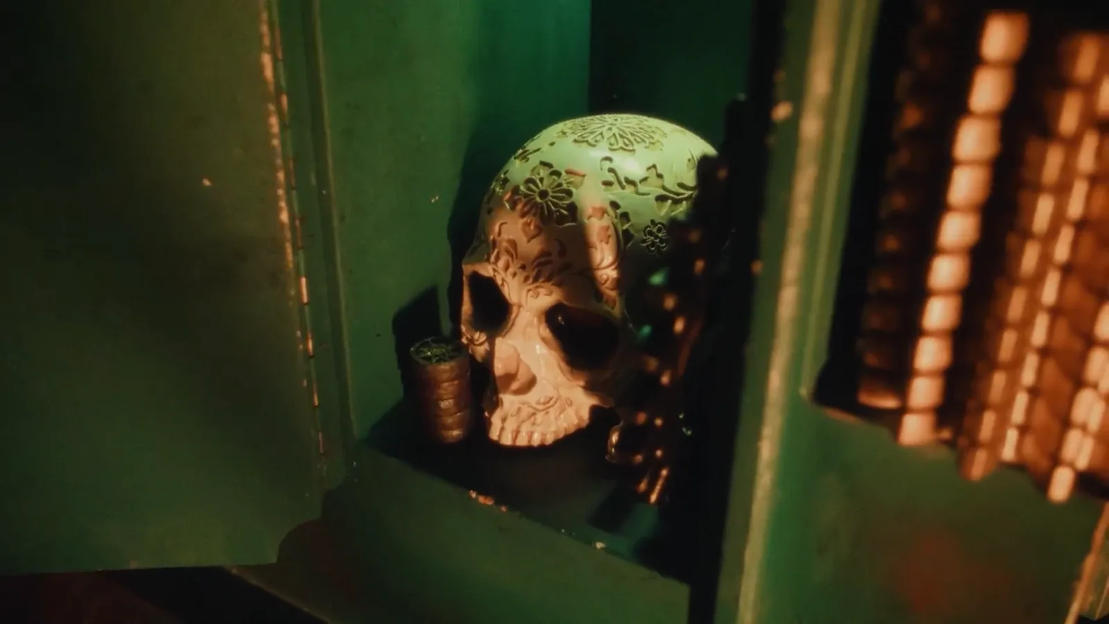 A skull in a shadowy corner of the Pirates galleon